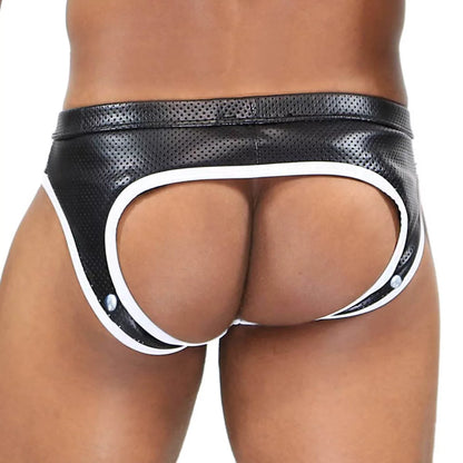 Sexy men's zippered front open bottom black brief made of a mix of imitation leather and mesh, and have a snappable bottom covering.