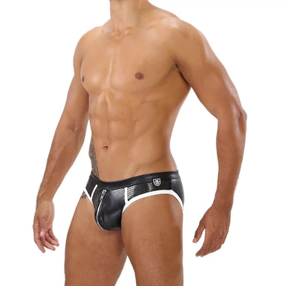 Sexy men's zippered front open bottom black brief made of a mix of imitation leather and mesh, and have a snappable bottom covering.