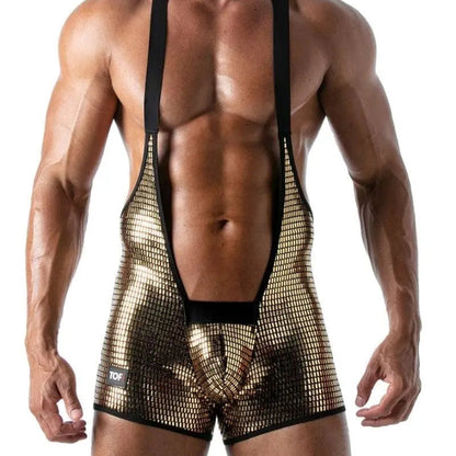 TOF's ultra-comfortable form-fitting singlet is made of golden glitter fabric and offers superb support with its flexible elastic straps. 