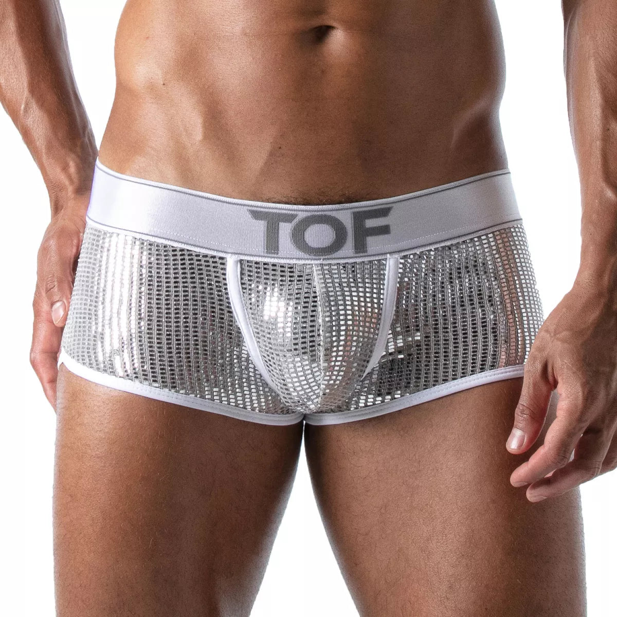 TOF's curved trunks are made of high quality glittery microfibre and have a front pouch and crutch lined in cotton jersey for optimal comfort. They are low-waisted, with a jacquard waistband that features the TOF logo.