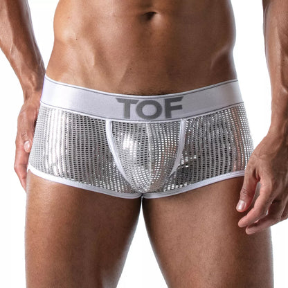 TOF's curved trunks are made of high quality glittery microfibre and have a front pouch and crutch lined in cotton jersey for optimal comfort. They are low-waisted, with a jacquard waistband that features the TOF logo.