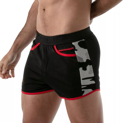TOF's low-waisted, black sport shorts have camouflage patterned sides, red outline, and pockets including an additional zipper pocket.  The shorts are made of antibacterial microfiber.