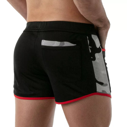 TOF's low-waisted, black sport shorts have camouflage patterned sides, red outline, and pockets including an additional zipper pocket.  The shorts are made of antibacterial microfiber.