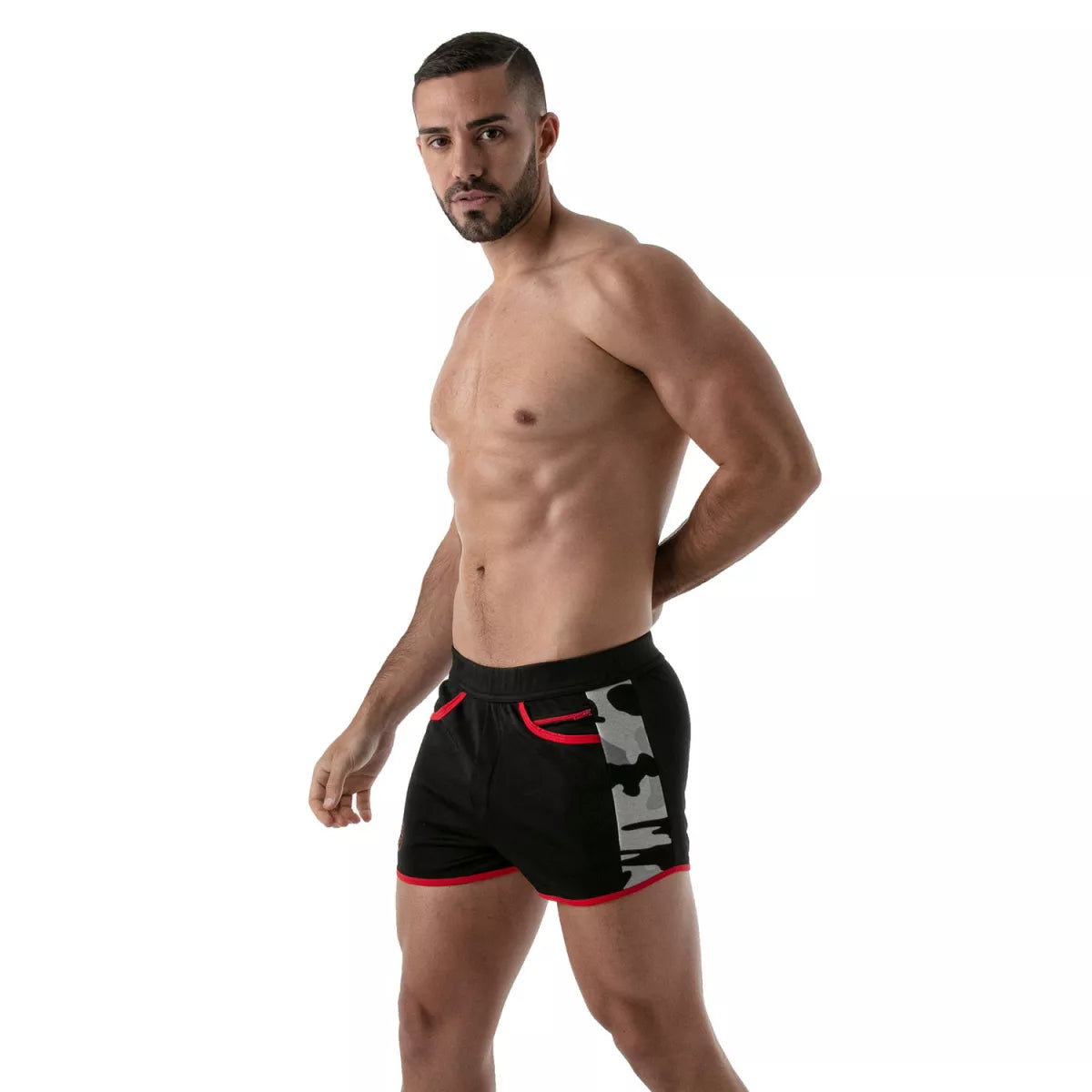 TOF's low-waisted, black sport shorts have camouflage patterned sides, red outline, and pockets including an additional zipper pocket.  The shorts are made of antibacterial microfiber.