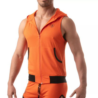 TOF's ultra-light sleeveless hooded jacket is made of polyester microfiber fabric.  This hoodie has pockets, zipper front, and TOFs iconic logo over the chest.