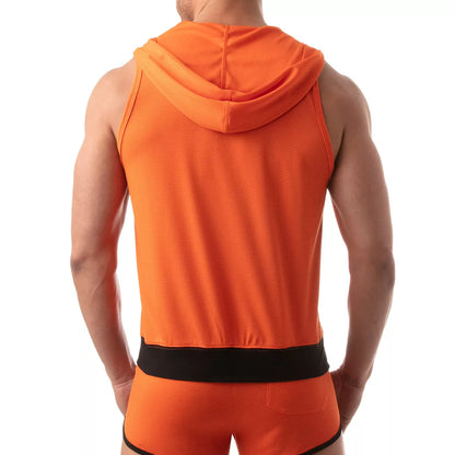 TOF's ultra-light sleeveless hooded jacket is made of polyester microfiber fabric.  This hoodie has pockets, zipper front, and TOFs iconic logo over the chest.
