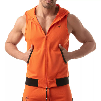 TOF's ultra-light sleeveless hooded jacket is made of polyester microfiber fabric.  This hoodie has pockets, zipper front, and TOFs iconic logo over the chest.